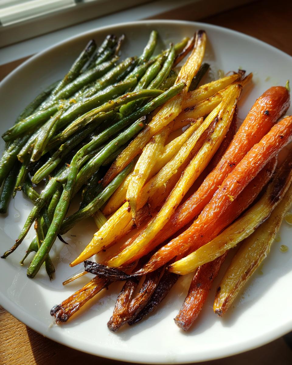 Plate of roasted green beans, yellow carrots, and orange carrots as Easter side dishes.