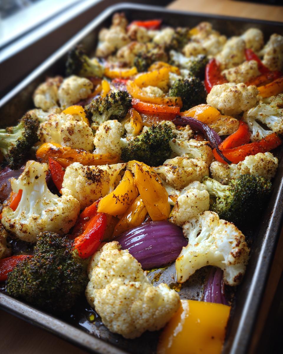 Tray of roasted cauliflower, broccoli, bell peppers, and red onions as easy side dish recipes