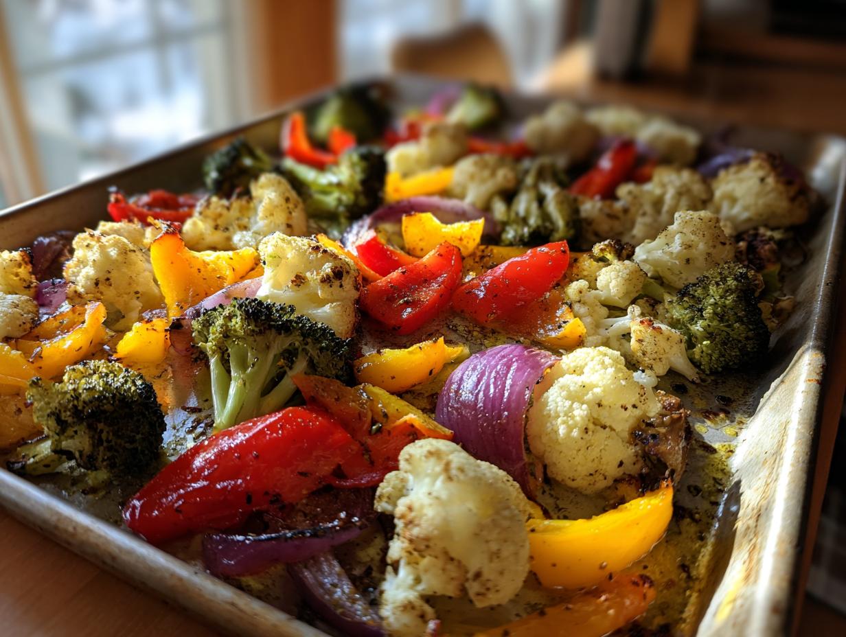 Tray of roasted broccoli, cauliflower, red onion, and bell peppers as easy side dish recipes