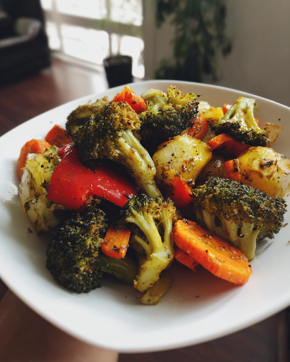 Plate of roasted mixed vegetables including broccoli, carrots, and bell peppers as a vegetable side dish recipes