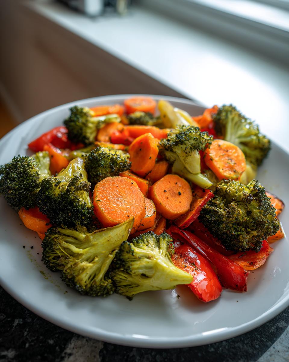 Plate of roasted broccoli, carrots, and red bell peppers as a vegetable side dish recipes