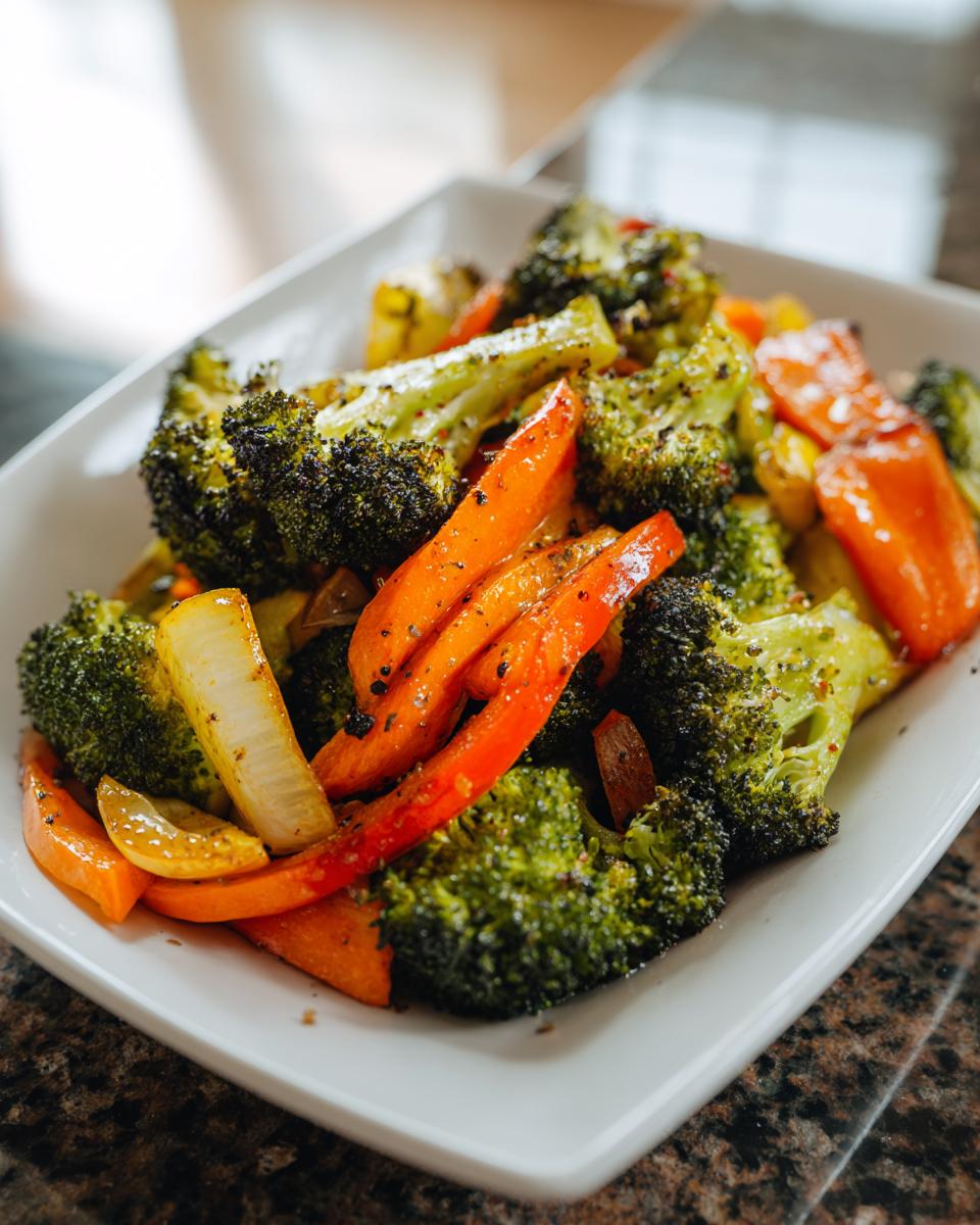 Plate of roasted broccoli, carrots, and onions seasoned as a vegetable side dish recipes example
