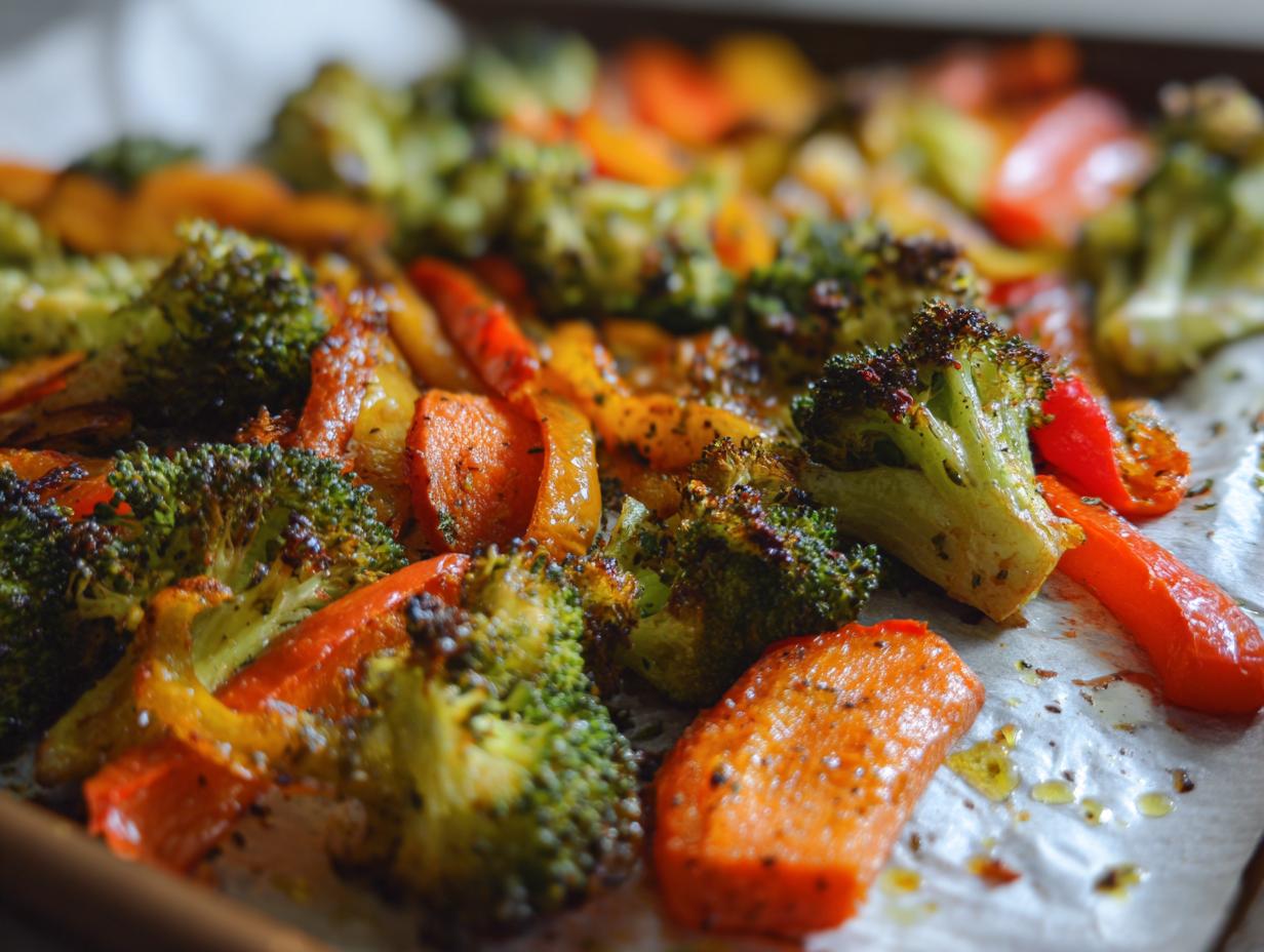 Close-up of roasted broccoli, carrots, and bell peppers as a vegetable side dish recipe