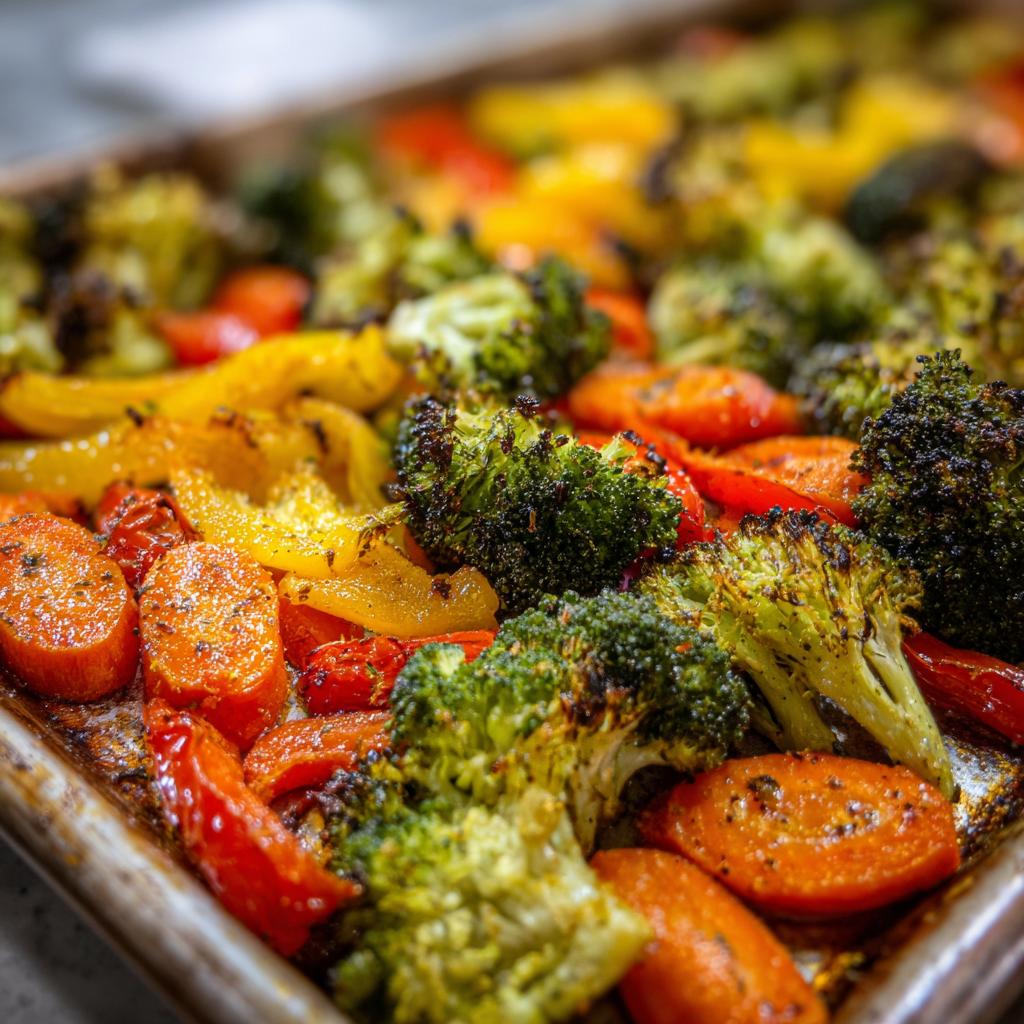 Close-up of roasted broccoli, carrots, and bell peppers on a baking tray, a vegetable side dish recipes example.