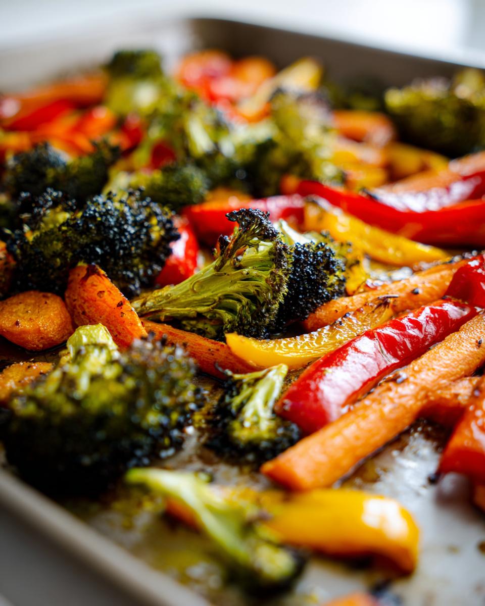 Close-up of roasted broccoli, carrots, and bell peppers as a vegetable side dish recipes