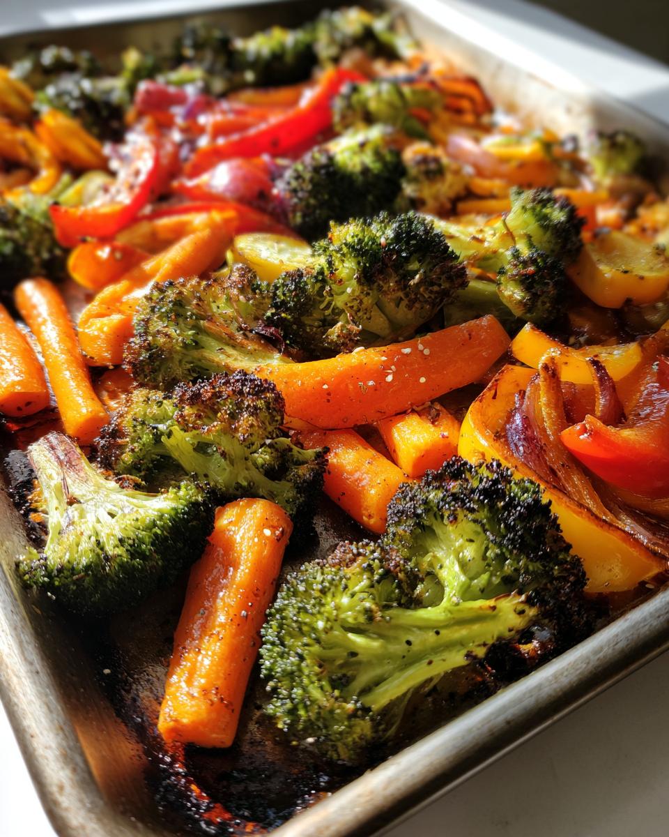 Tray of roasted broccoli, carrots, and bell peppers for vegetable side dish recipes