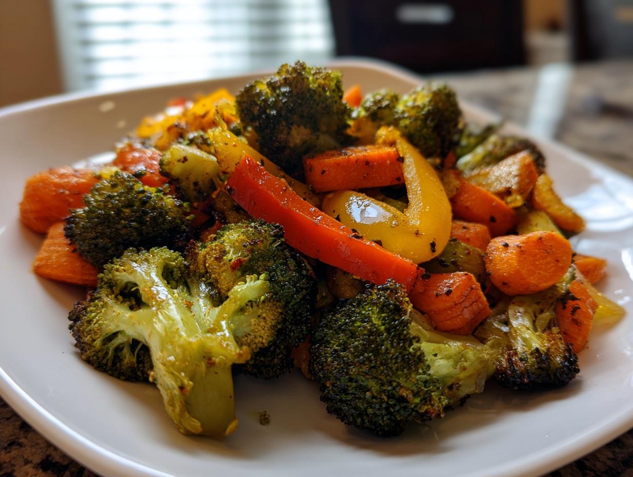Plate of roasted broccoli, carrots, and bell peppers as a vegetable side dish recipes example
