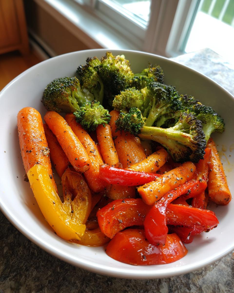 Bowl of roasted broccoli, carrots, and bell peppers seasoned and ready to serve simple side dish recipes.