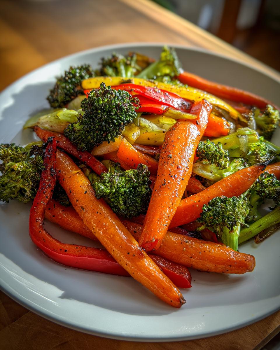 Plate of roasted carrots, broccoli, and bell peppers as simple side dish recipes