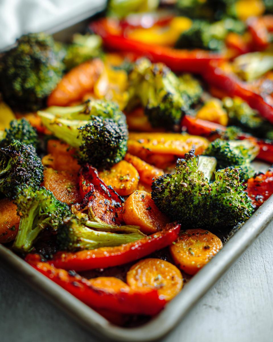 Close-up of roasted broccoli, carrots, and red bell peppers on a baking tray, a vegetable side dish recipes example.