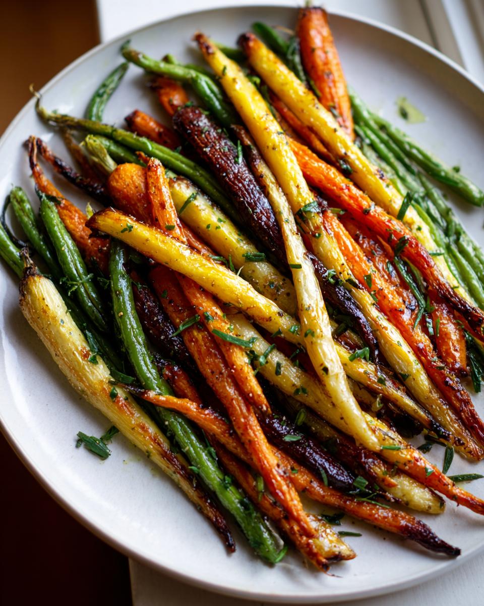Plate of roasted rainbow carrots and green beans garnished with herbs, perfect Easter side dishes