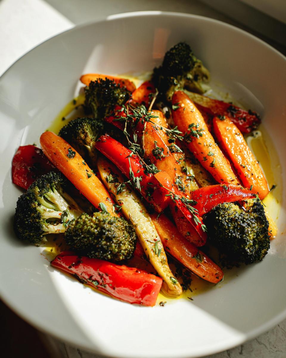Roasted vegetable recipes featuring carrots, broccoli, and red peppers garnished with herbs in a white bowl.