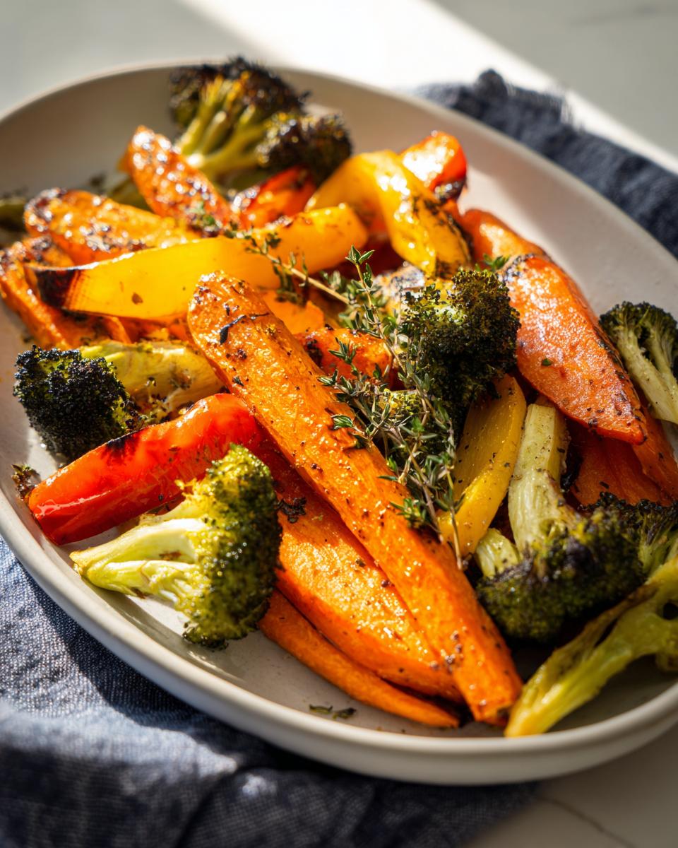 Plate of roasted vegetable recipes with carrots, broccoli, and bell peppers garnished with herbs.
