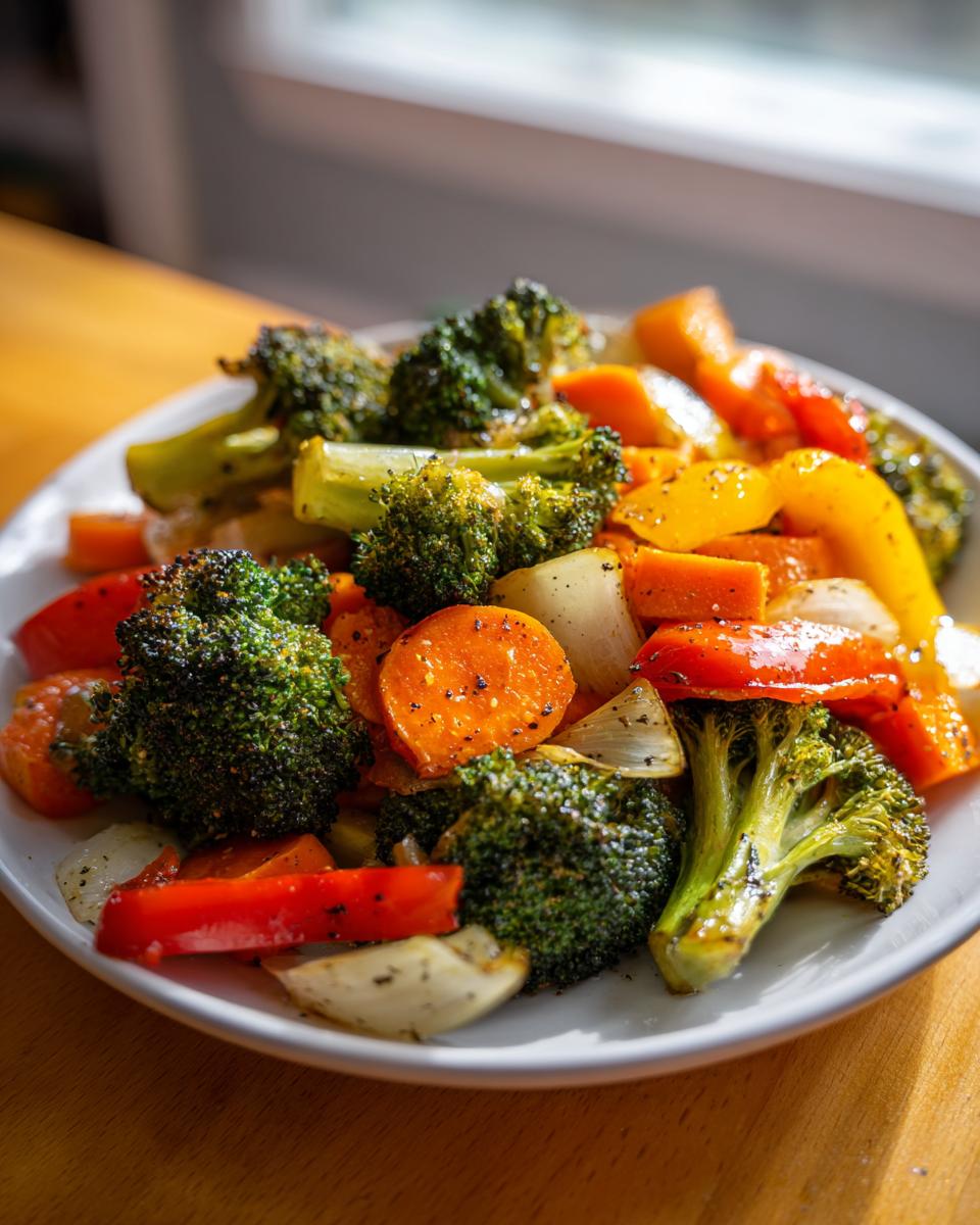 Plate of roasted broccoli, carrots, bell peppers, and onions seasoned with black pepper.