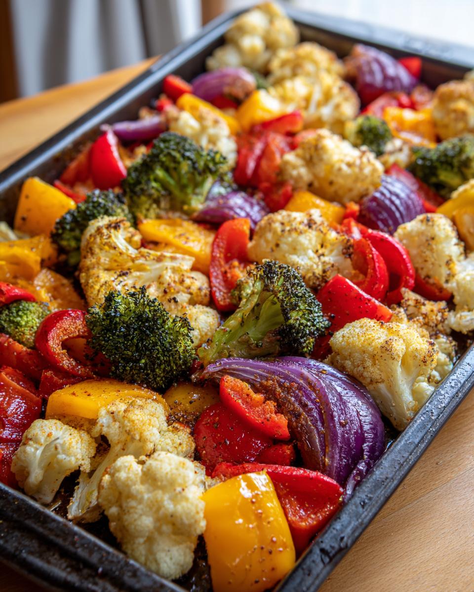 Tray of colorful roasted vegetables including broccoli, cauliflower, red and yellow peppers, and red onions.