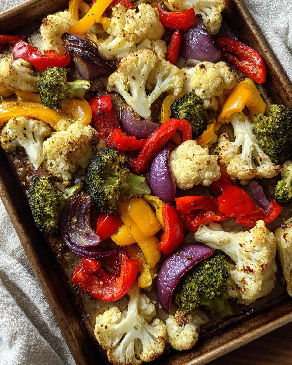 Tray of roasted cauliflower, broccoli, red and yellow bell peppers, and red onions as easy side dish recipes