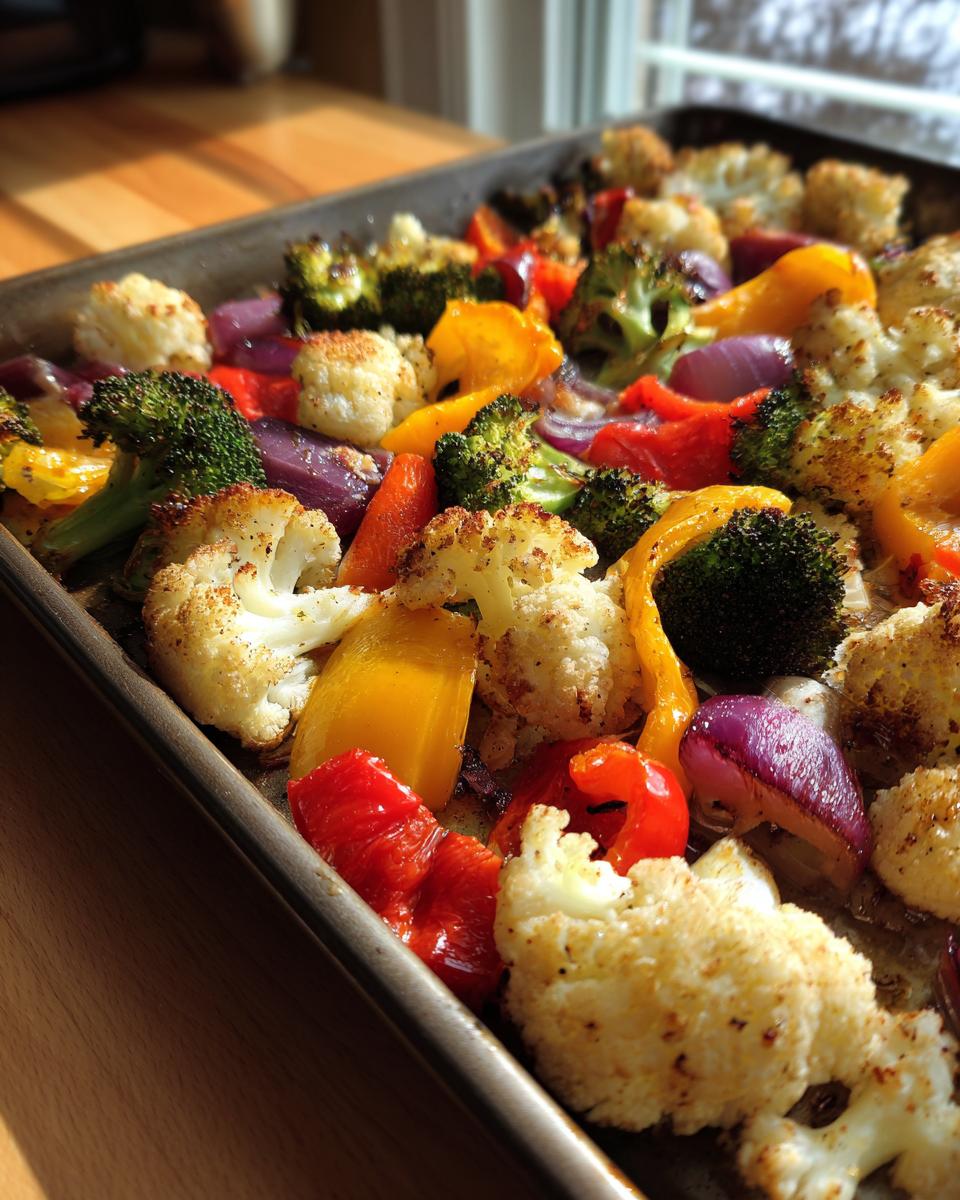 Tray of roasted broccoli, cauliflower, bell peppers, and red onions as easy side dish recipes