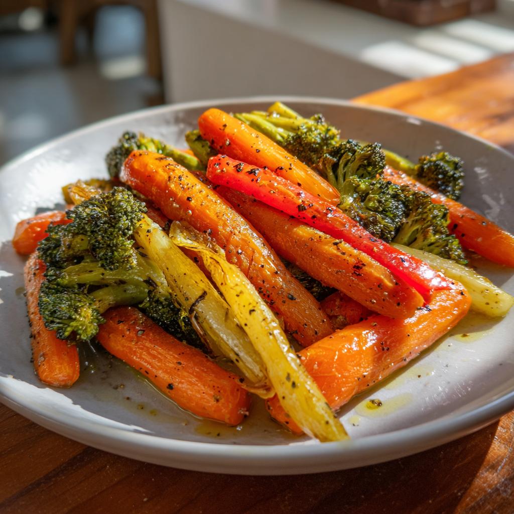 Plate of roasted carrots, broccoli, and parsnips seasoned with herbs and pepper as simple side dish recipes