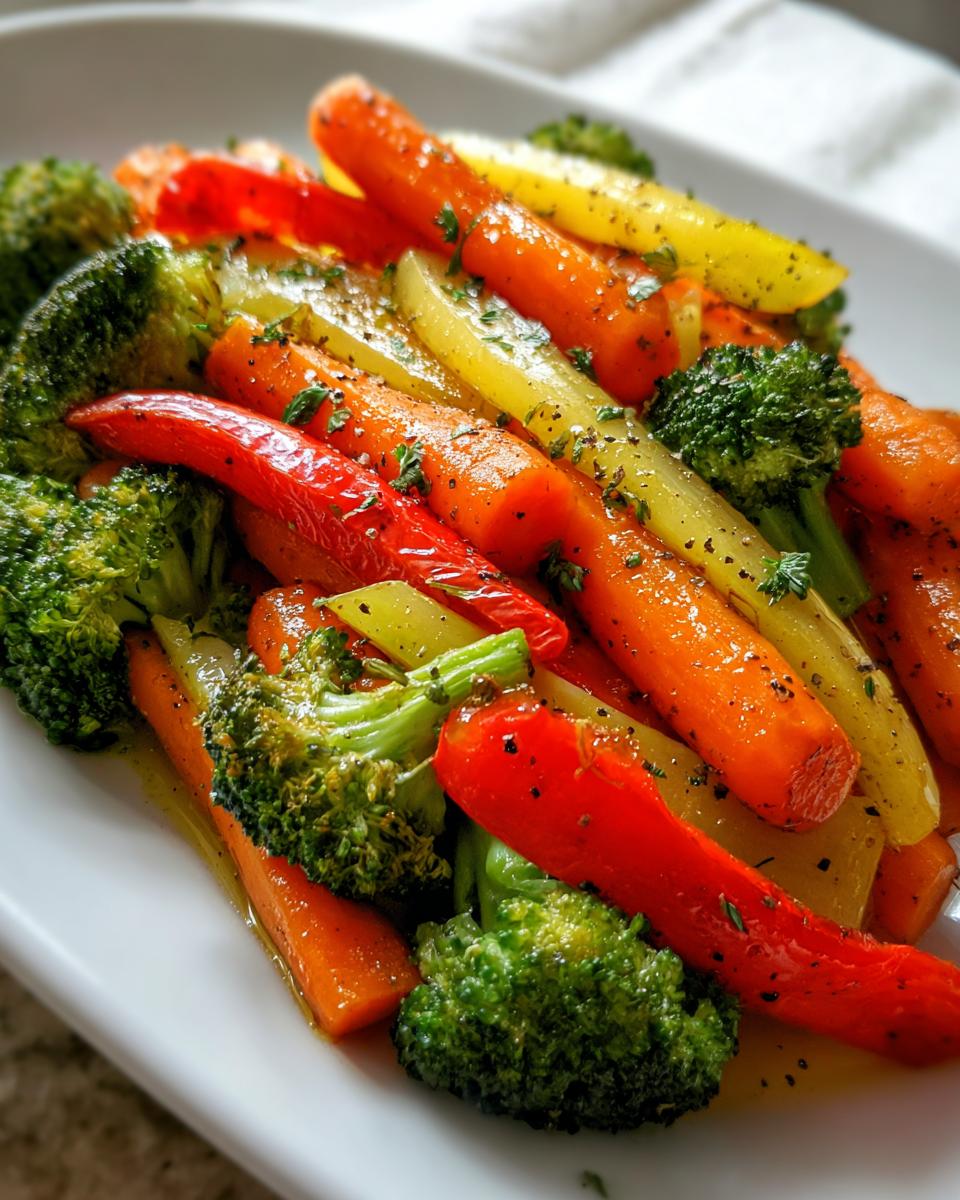 Plate of colorful roasted vegetables including carrots, broccoli, and bell peppers seasoned with herbs