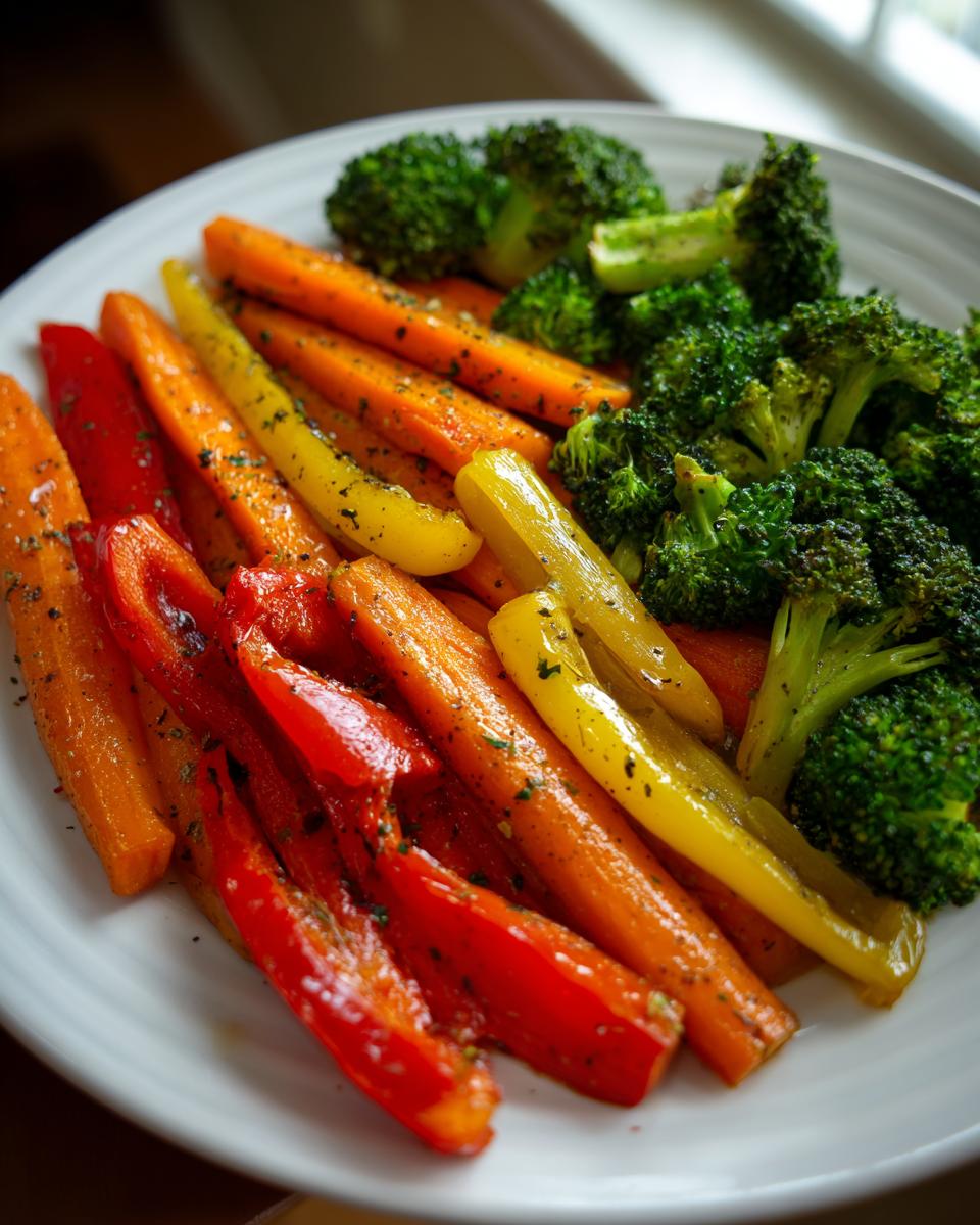 Plate of colorful roasted carrots, bell peppers, and broccoli seasoned with herbs for simple side dish recipes.