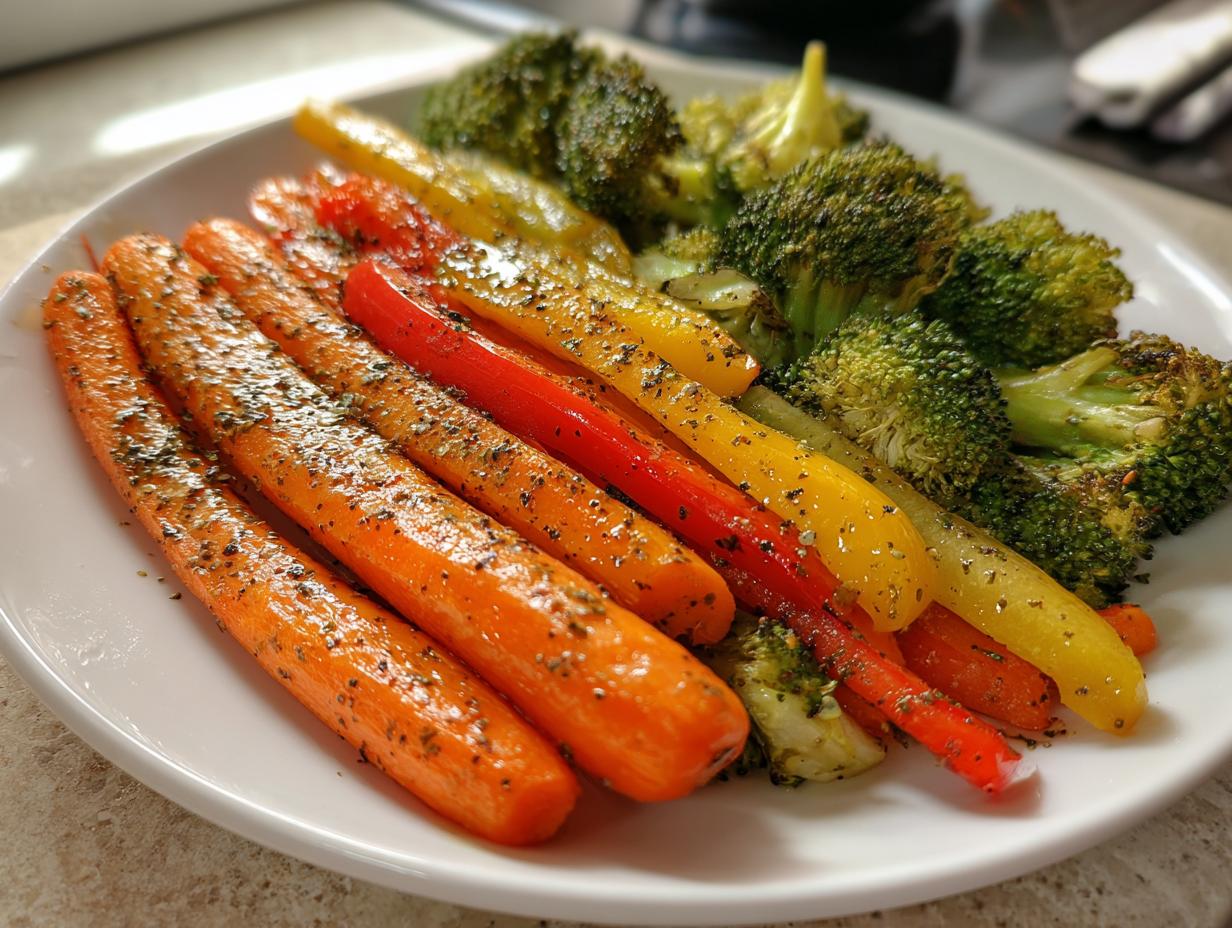 Plate of roasted carrots, bell peppers, and broccoli seasoned with herbs for simple side dish recipes.