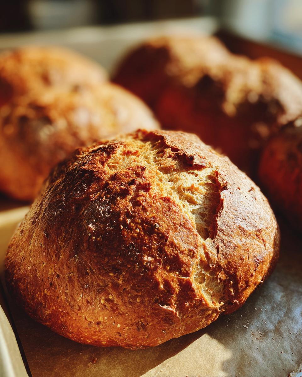 Close-up of golden crusty rustic bread loaves fresh from the oven, perfect for simple baking recipes.