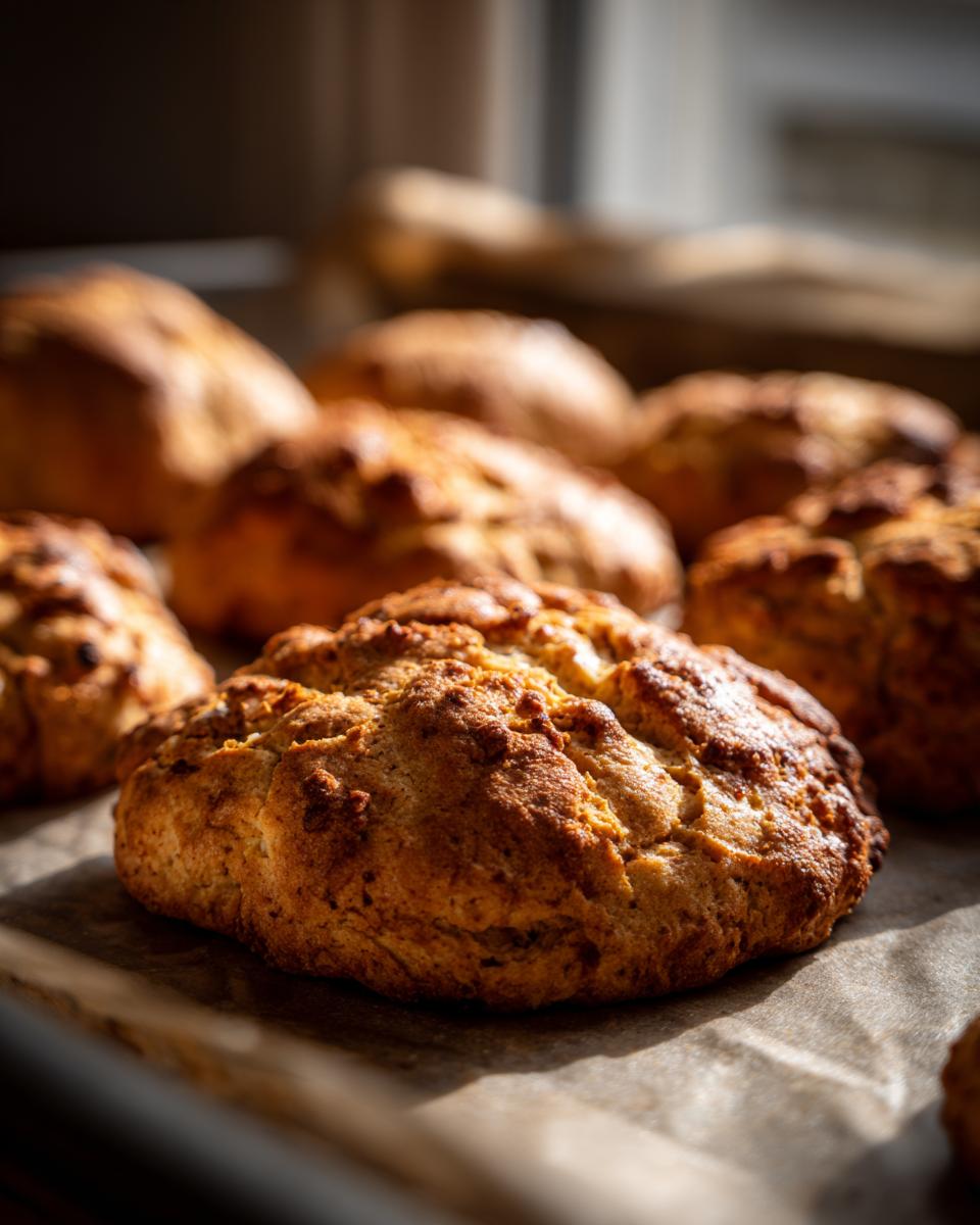 Close-up of freshly baked rustic bread rolls on parchment paper, showcasing golden crusts