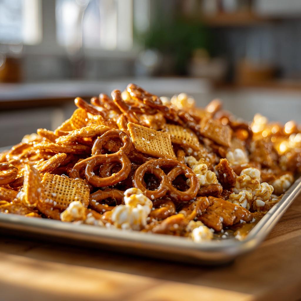 Tray filled with salted caramel snack mix including pretzels, popcorn, and cereal pieces