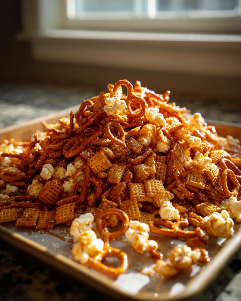 Pile of salted caramel snack mix with pretzels, popcorn, and cereal on a baking tray.