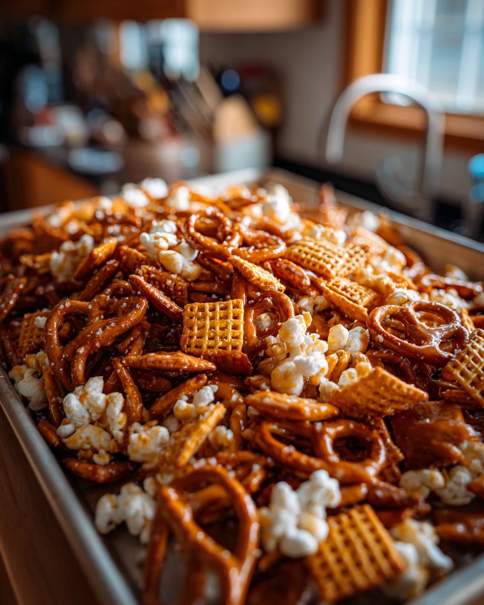 Tray filled with salted caramel snack mix including pretzels, popcorn, and cereal squares.