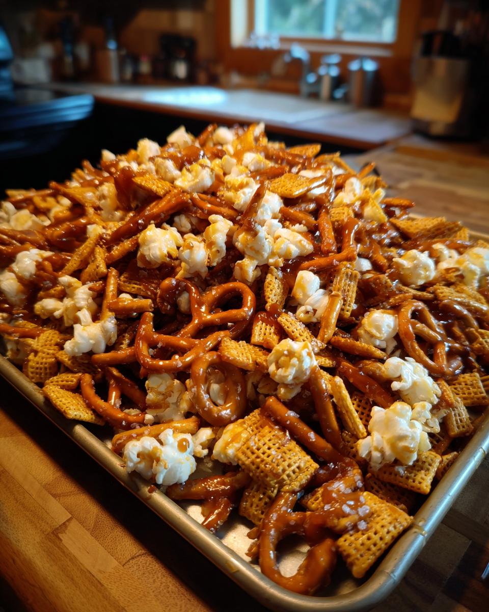 Close-up of salted caramel snack mix with pretzels, popcorn, and cereal on a baking tray.