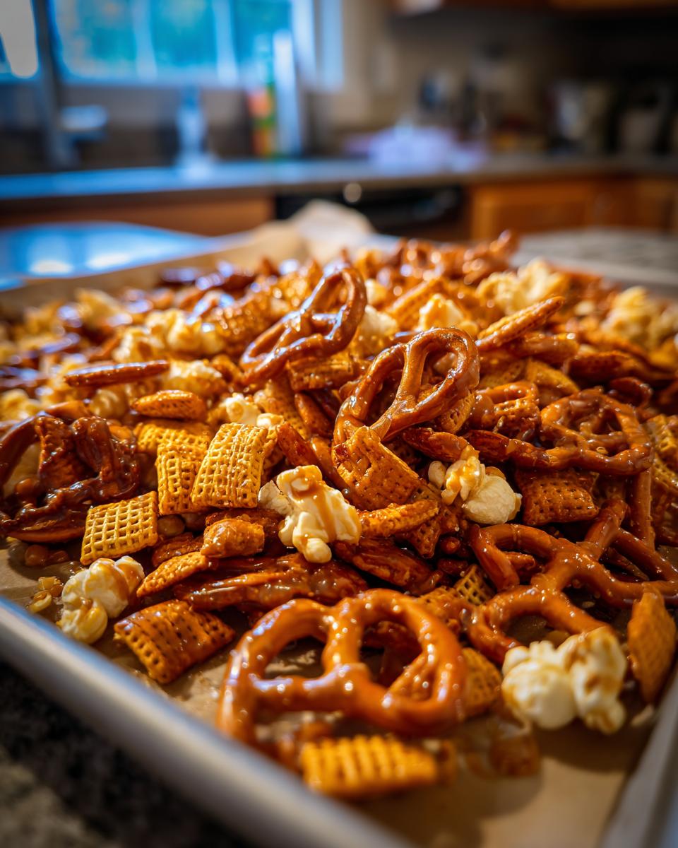 Salted caramel snack mix with pretzels, popcorn, and cereal on a baking tray.