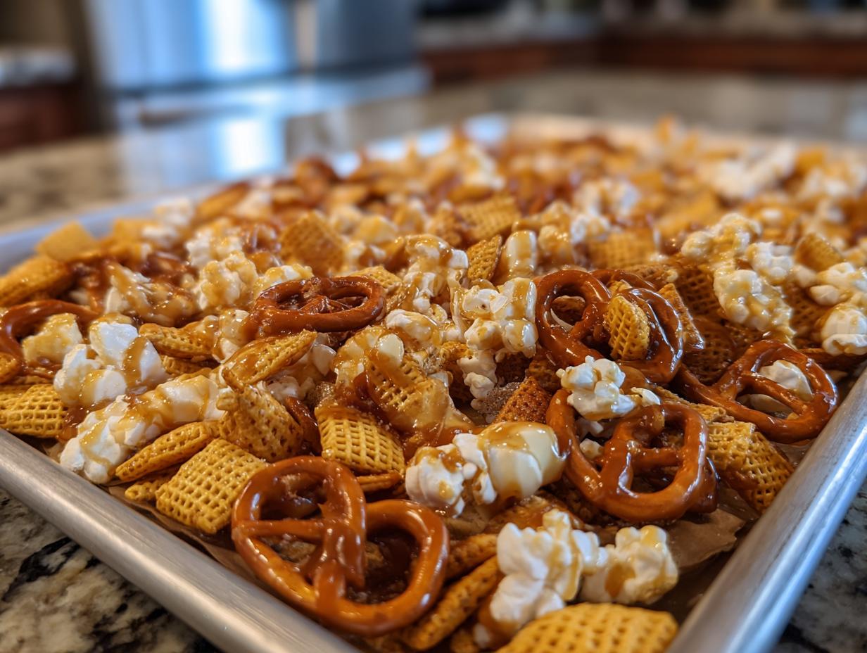 Tray of salted caramel snack mix with pretzels, popcorn, and cereal drizzled with caramel sauce.