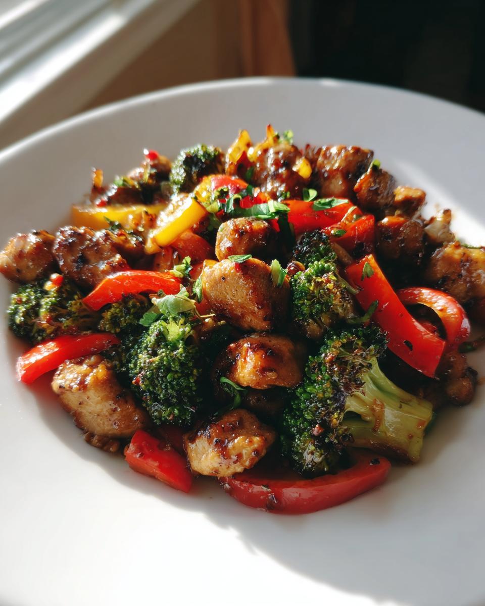 Plate of sautéed ground chicken with broccoli and red and yellow bell peppers garnished with herbs.