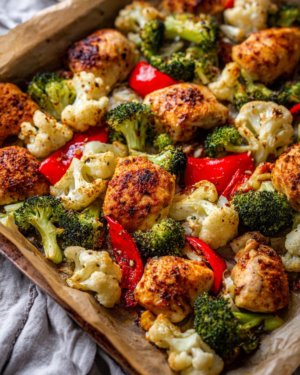 Sheet pan dinner recipes with roasted chicken, broccoli, cauliflower, and red bell peppers.