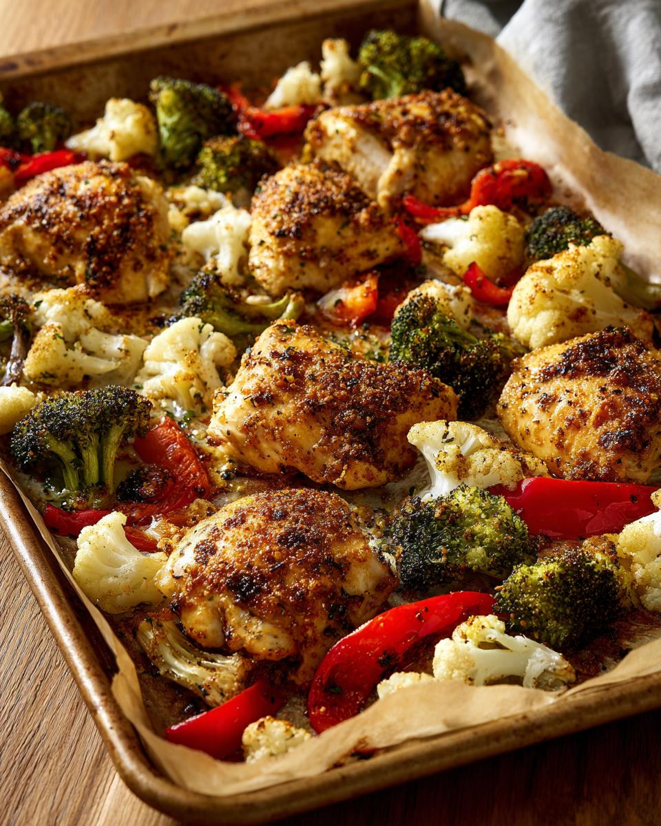 Sheet pan dinner recipes featuring roasted chicken thighs with broccoli, cauliflower, and red bell peppers.
