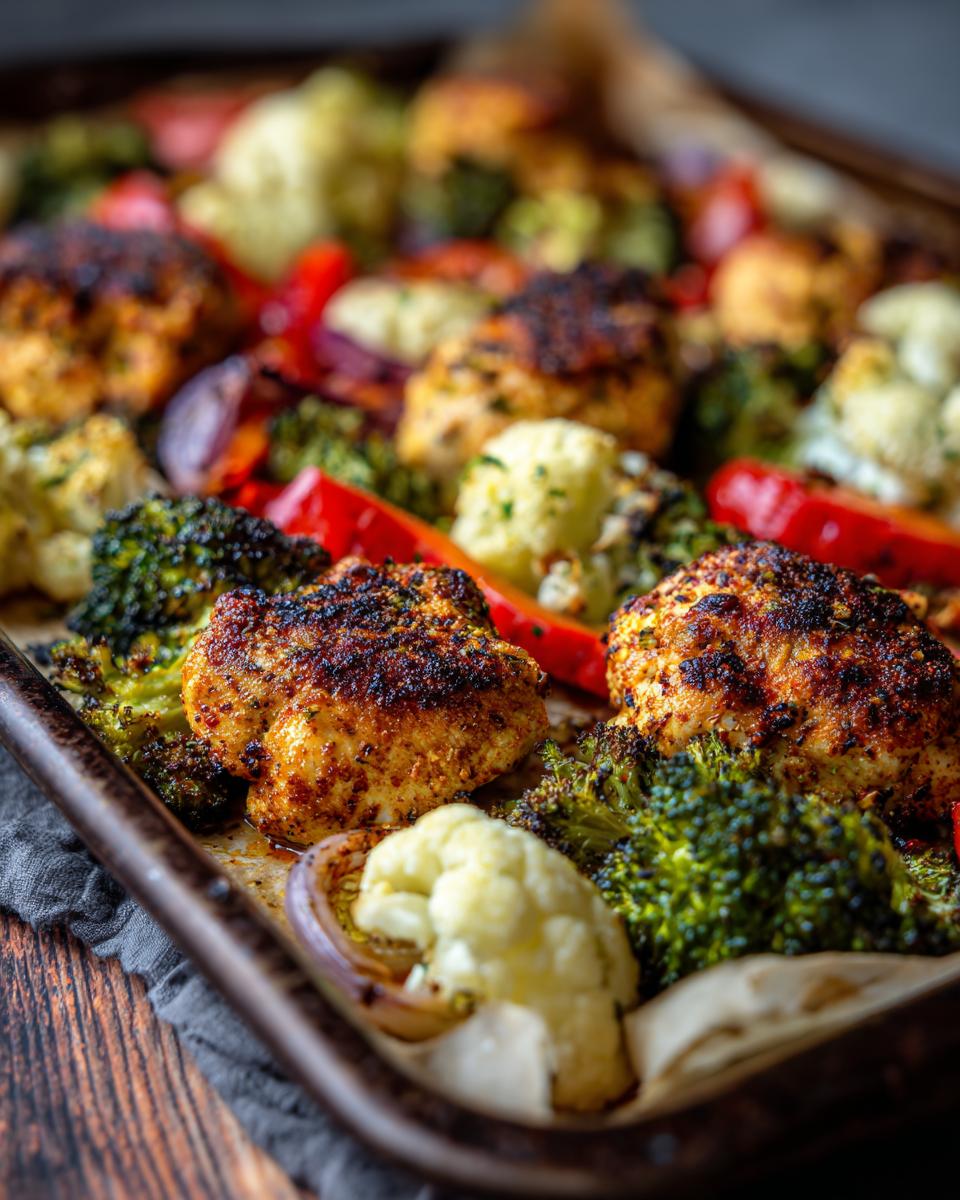 Close-up of a sheet pan dinner with roasted chicken, broccoli, cauliflower, and red bell peppers.
