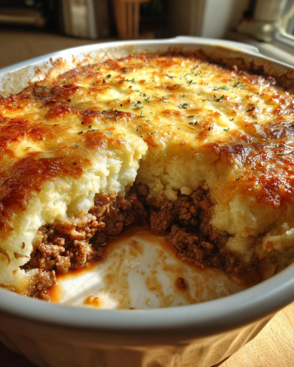 Close-up of a baked shepherd's pie with golden mashed potato topping and ground meat filling.