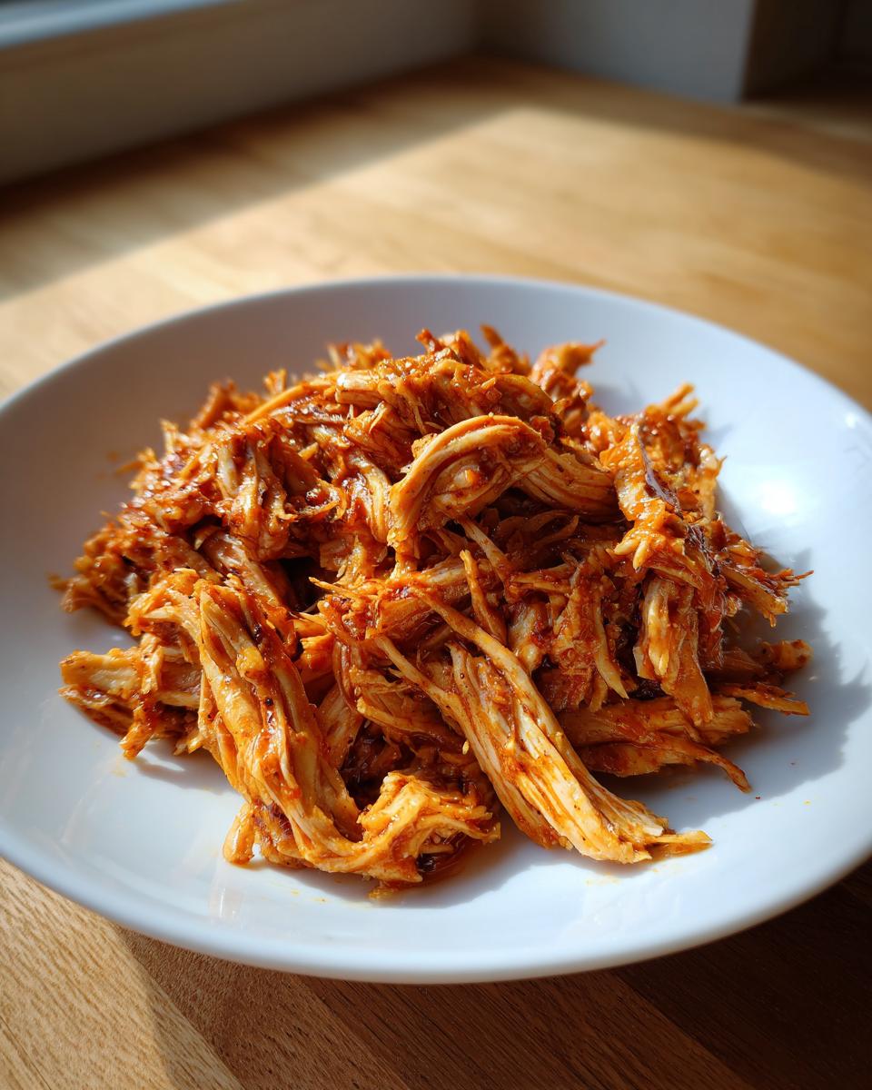 Plate of shredded BBQ chicken with rich sauce, perfect for easy slow cooker recipes.
