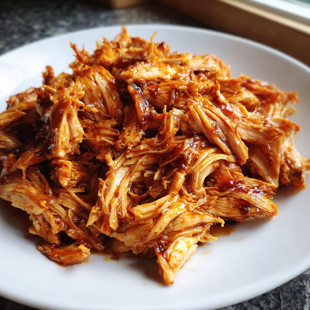 Plate of shredded BBQ chicken with rich sauce, perfect for easy slow cooker recipes.