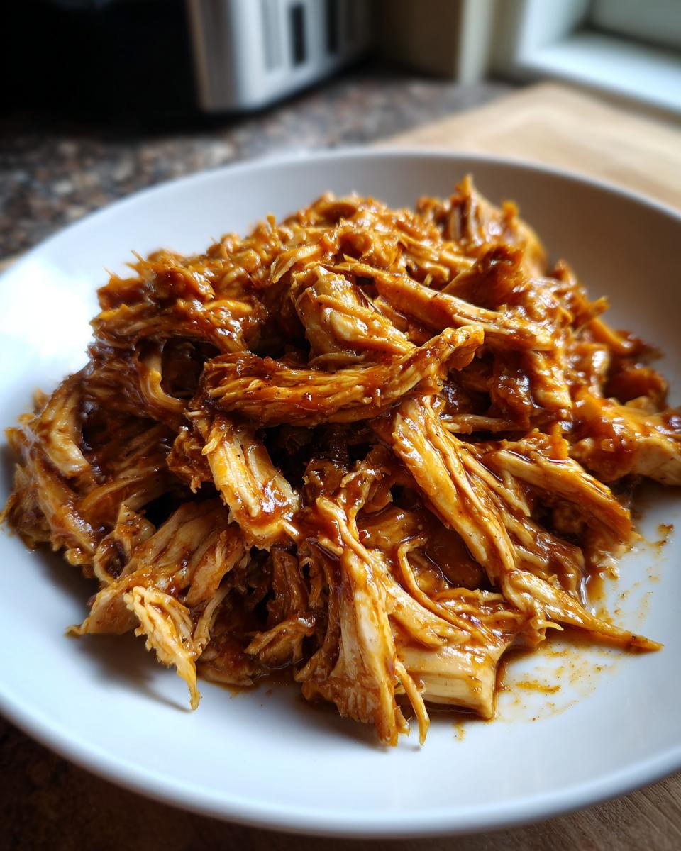 Close-up of shredded BBQ chicken on a white plate, perfect for easy slow cooker recipes.