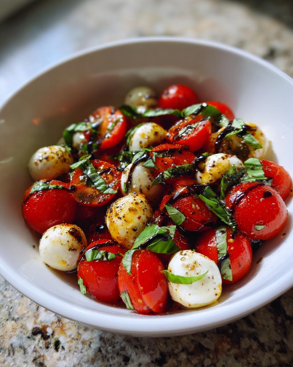 Bowl of simple appetizer snacks with cherry tomatoes, mozzarella balls, basil, and balsamic glaze.