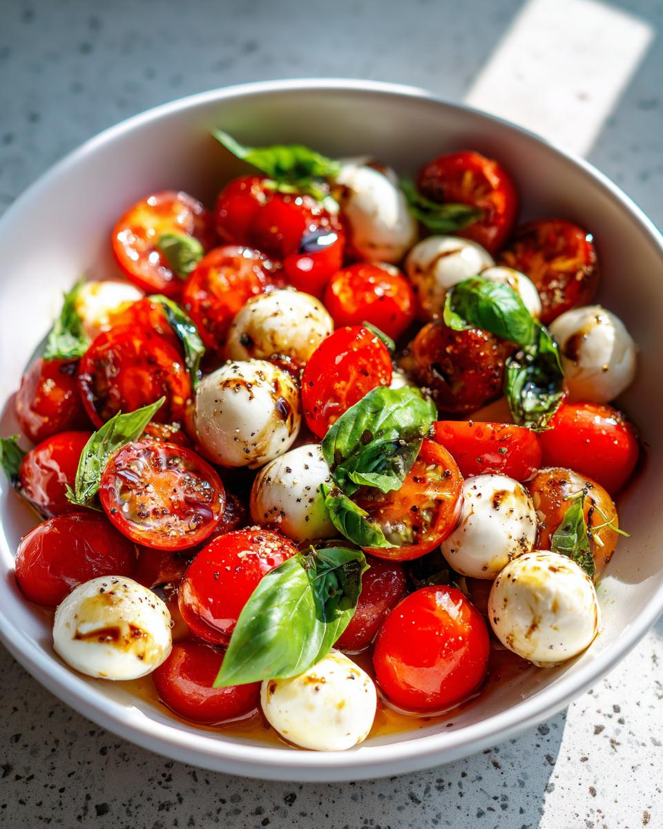 Bowl of simple appetizer snacks with cherry tomatoes, mozzarella balls, basil, and balsamic glaze