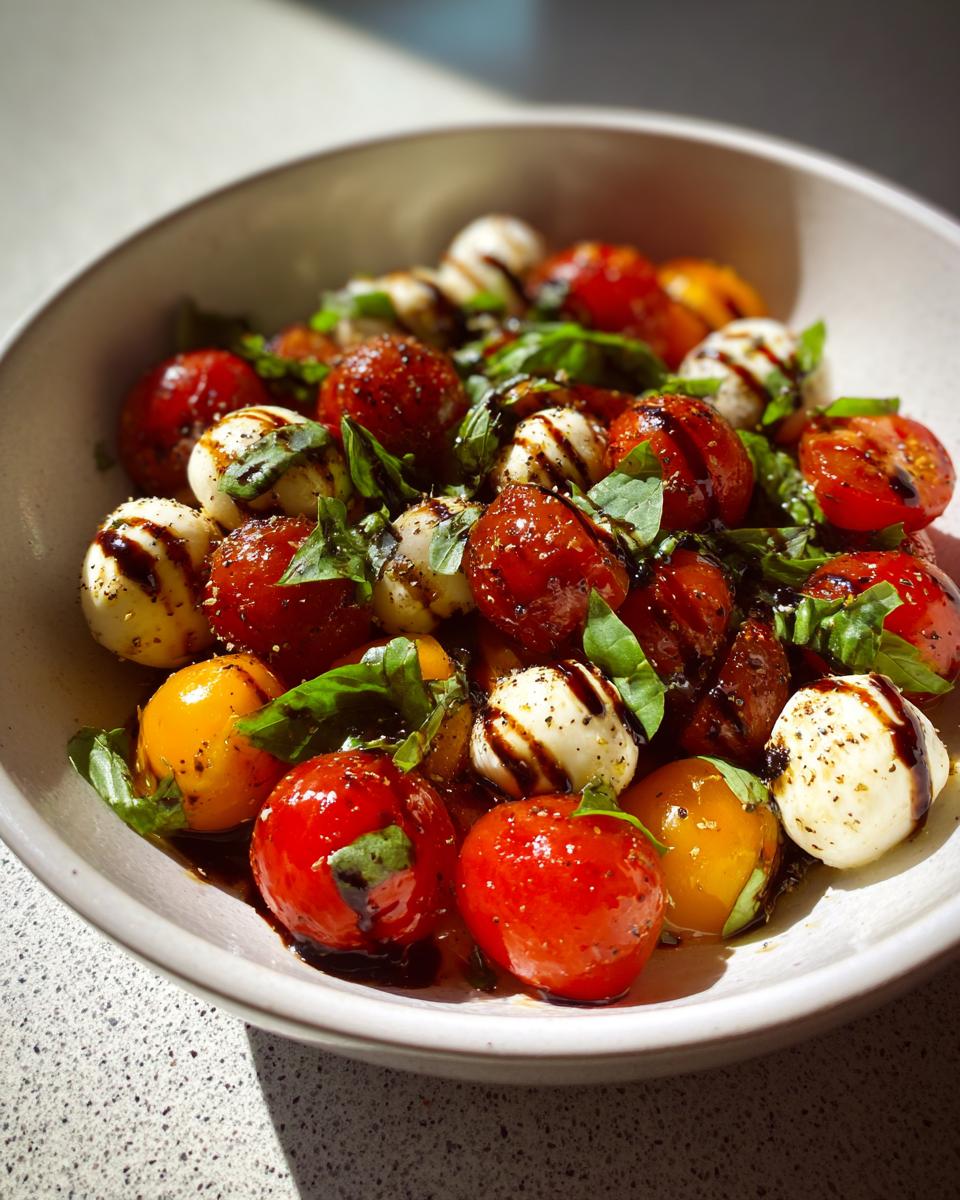 Bowl of simple appetizer snacks with cherry tomatoes, mozzarella balls, basil, and balsamic glaze