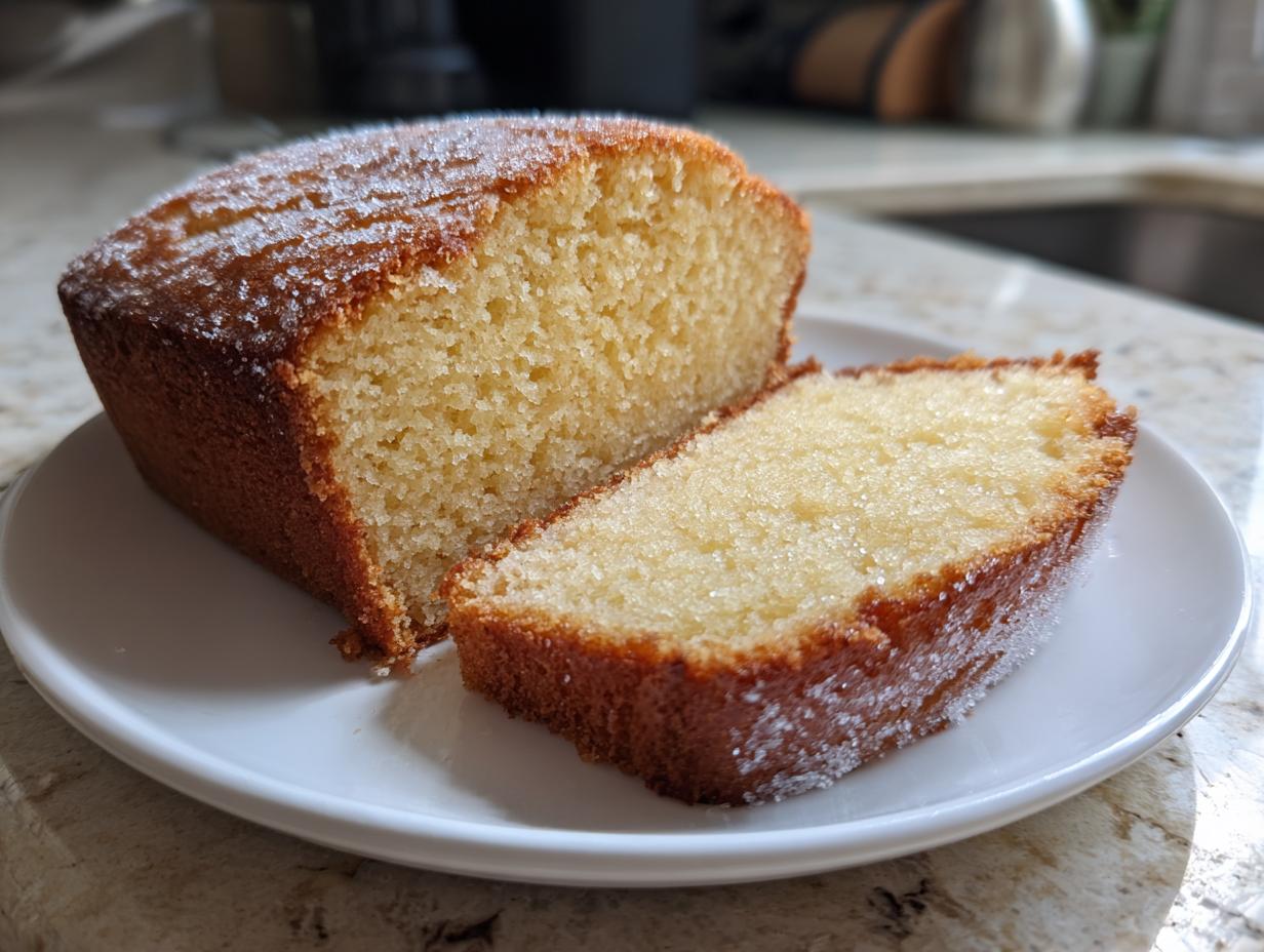 Close-up of a sugar-topped pound cake loaf with a sliced piece on a white plate for easy baking recipes