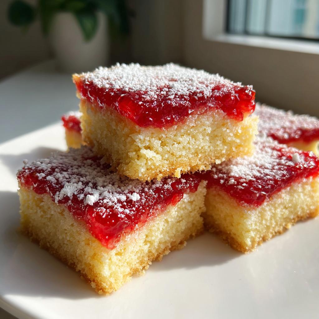 Close-up of jam topped cake squares dusted with powdered sugar on a white plate