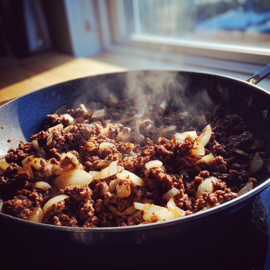 Steaming skillet with cooked ground beef and sautéed onions for skillet dinner recipes