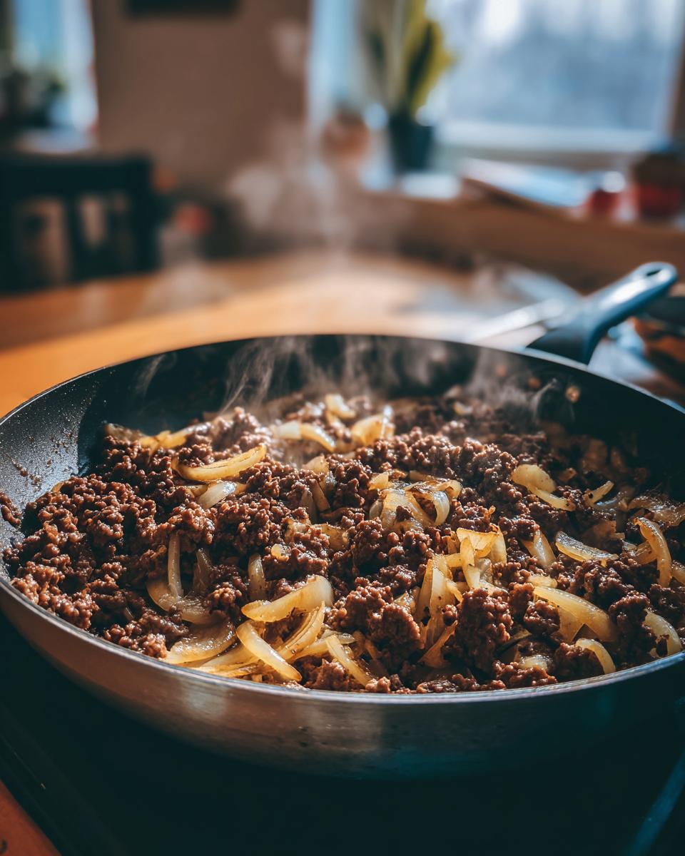 Skillet dinner recipes with ground beef and sautéed onions cooking in a pan