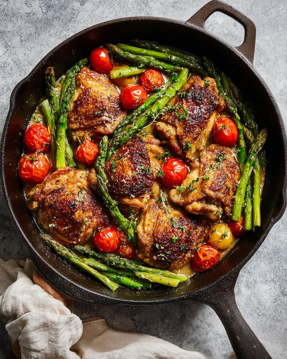 Cast iron skillet with browned spring chicken thighs, asparagus, and cherry tomatoes.