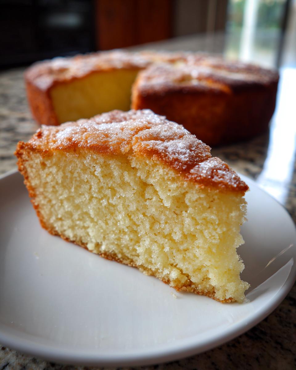 Close-up of a slice of moist homemade cake dusted with sugar on a white plate.